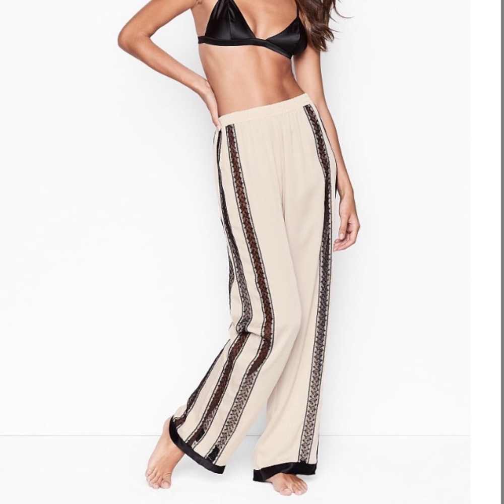 Victoria's Secret Cream Wide-Leg Pajama Pants with Black Trim
